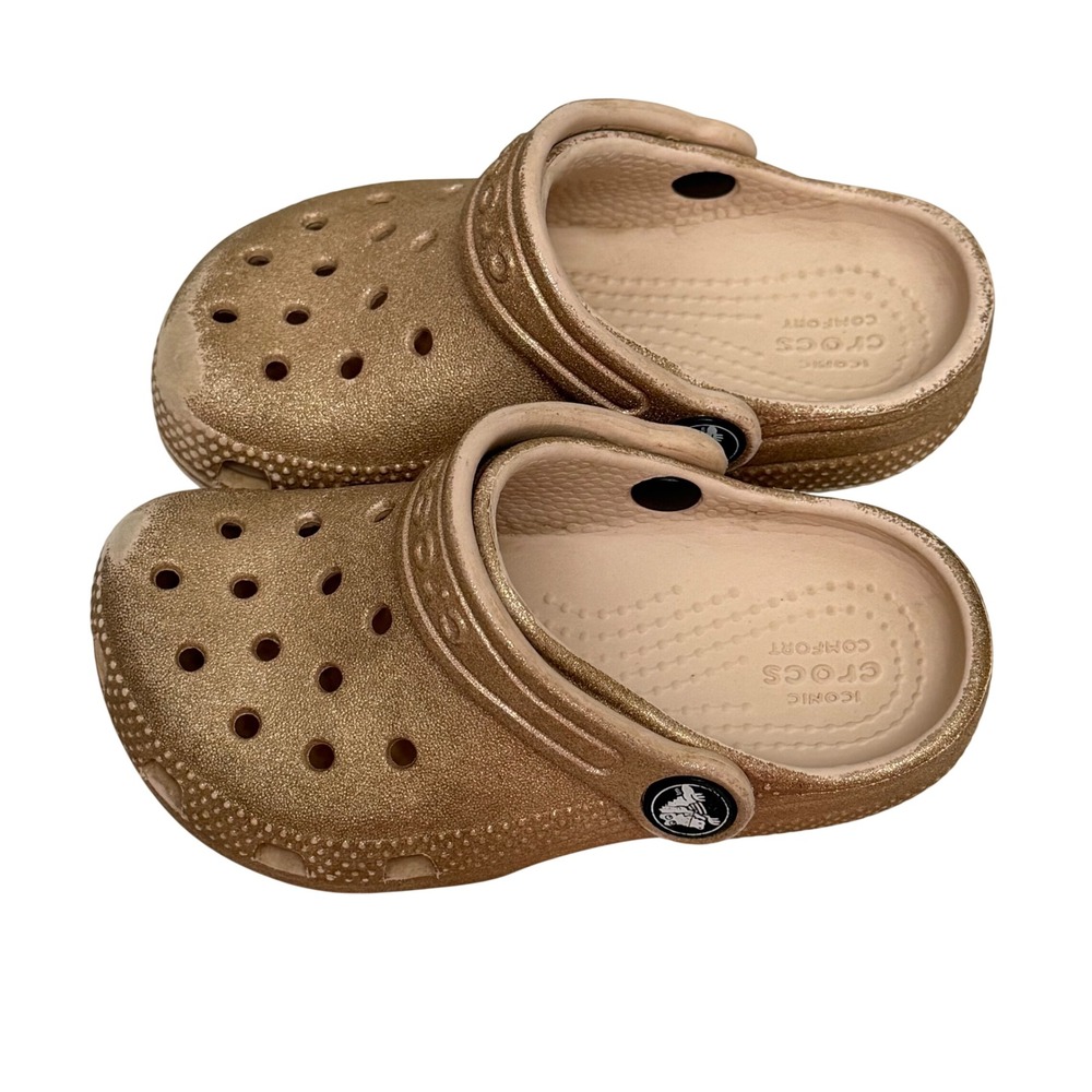 Crocs Classic Clog Kids Gold Glitter Metallic Sparkly Slip On Sandals Size C8 - Picture 5 of 6